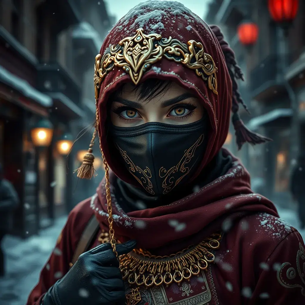 A mysterious beautiful masked kunoichi ninja wearing eyeliner and gold jewelry in the streets of a dark snowy town in moscow, fluid motion, Highly Detailed, Intricate, Realistic, Sharp Focus, Volumetric Lighting, Fantasy, Elegant