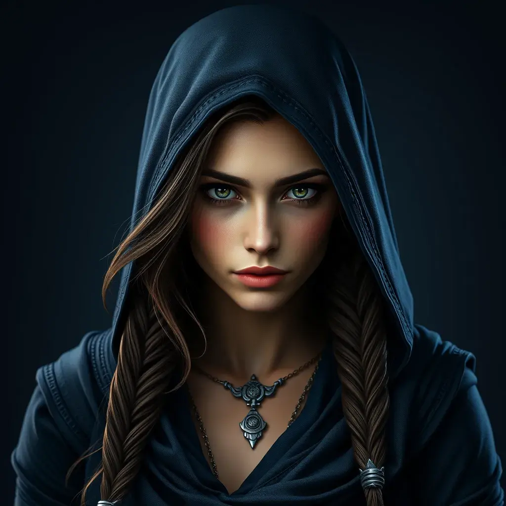 Matte portrait of the beautiful Kassandra from Assassins Creed in dark blue, Highly Detailed, Intricate, Realistic, Sharp Focus, Volumetric Lighting, Fantasy, Elegant