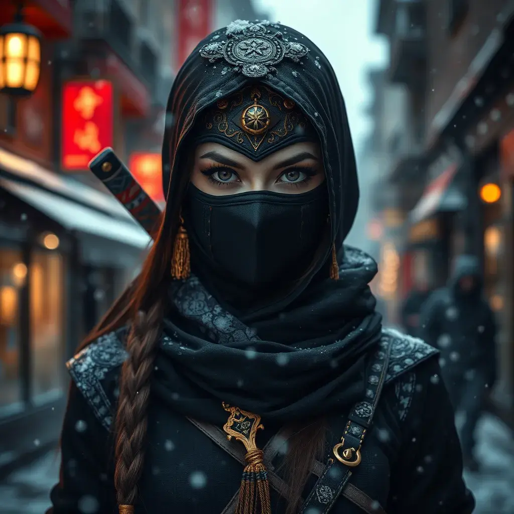 A mysterious beautiful masked kunoichi ninja wearing eyeliner and gold jewelry in the streets of a dark snowy town in moscow, fluid motion, Intricate, Half Body, Realistic, Sharp Focus, Volumetric Lighting, Elegant