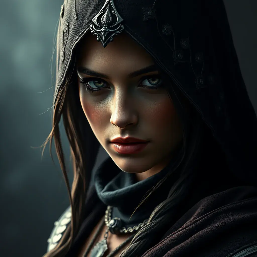 Matte portrait of the beautiful Kassandra from Assassins Creed in black, Highly Detailed, Intricate, Realistic, Sharp Focus, Volumetric Lighting, Fantasy, Elegant