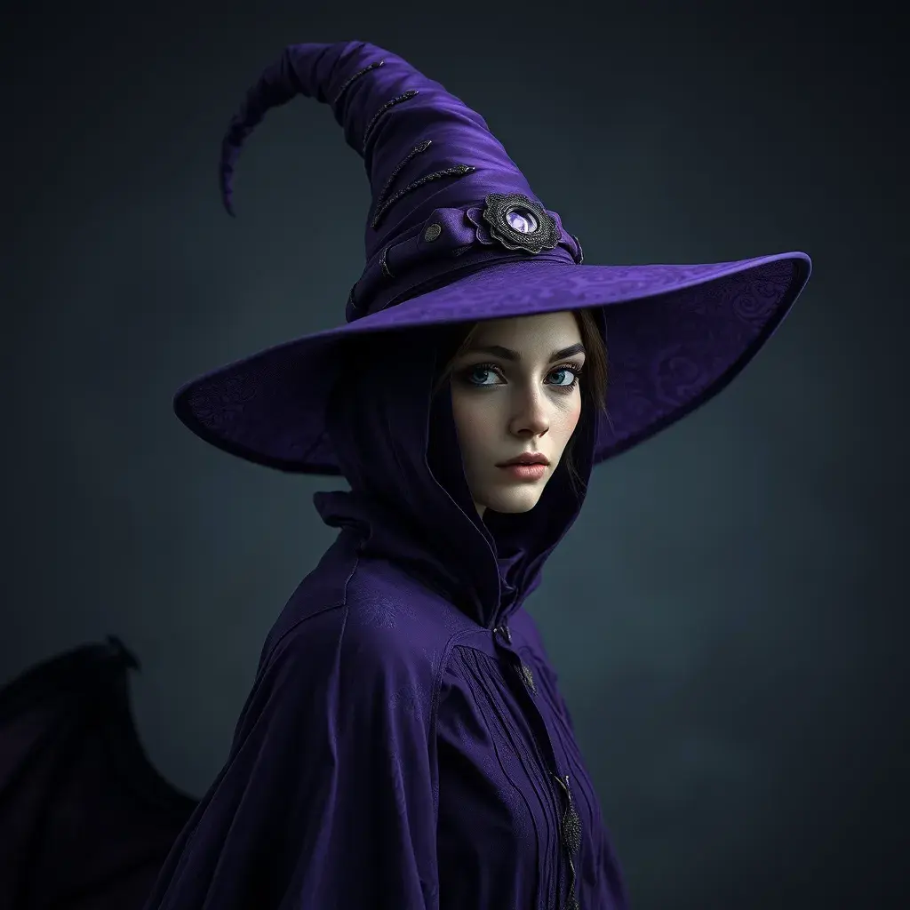 Matte portrait of a mysterious kiki the witch in purple, Intricate, Half Body, Realistic, Sharp Focus, Volumetric Lighting, Elegant by Stefan Kostic