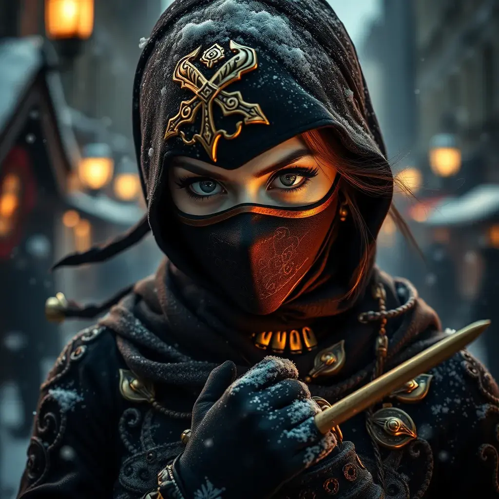 A mysterious beautiful masked kunoichi ninja wearing eyeliner and gold jewelry in the streets of a dark snowy town in moscow, fluid motion, Highly Detailed, Intricate, Realistic, Sharp Focus, Volumetric Lighting, Fantasy, Elegant