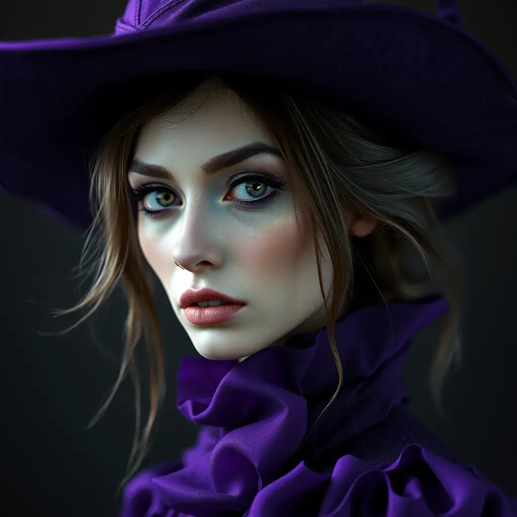 Matte portrait of a mysterious kiki the witch in purple, Intricate, Half Body, Realistic, Sharp Focus, Volumetric Lighting, Elegant by Stefan Kostic