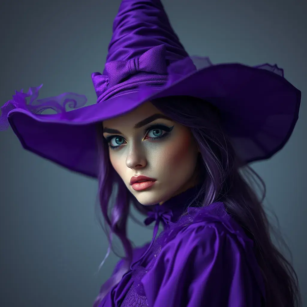 Matte portrait of a mysterious kiki the witch in purple, Intricate, Half Body, Sharp Focus, Volumetric Lighting, Elegant