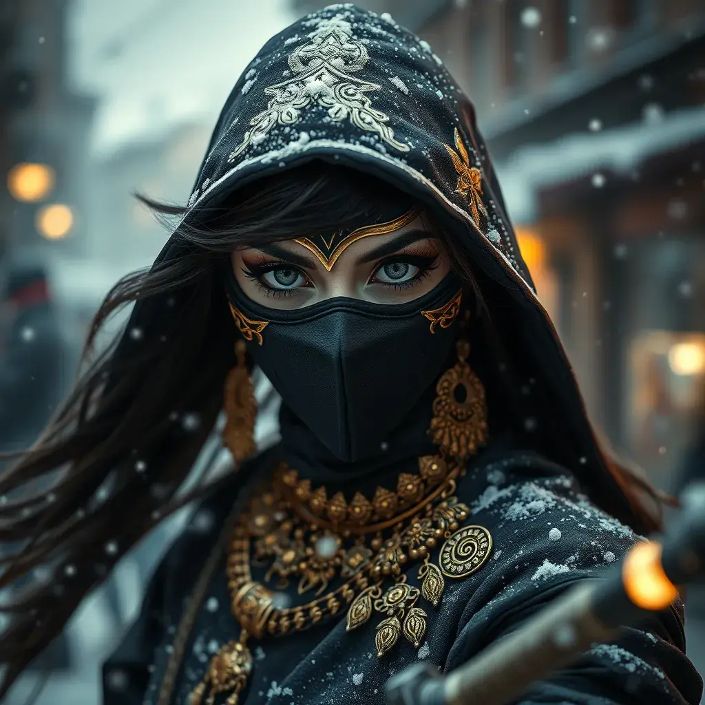 Wallpaper of a mysterious beautiful masked kunoichi ninja wearing eyeliner and gold jewelry in the streets of a dark snowy town in moscow, fluid motion, Highly Detailed, Intricate, Realistic, Sharp Focus, Volumetric Lighting, Fantasy, Elegant