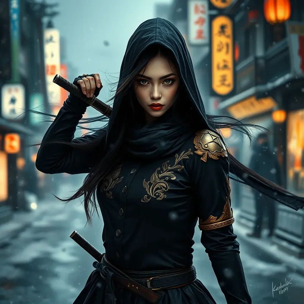 Matte portrait of a mysterious beautiful kunoichi ninja in black and gold wearing eyeliner in the streets of a dark snowy town in tokyo, fluid motion, Intricate, Half Body, Realistic, Sharp Focus, Volumetric Lighting, Elegant by Stefan Kostic