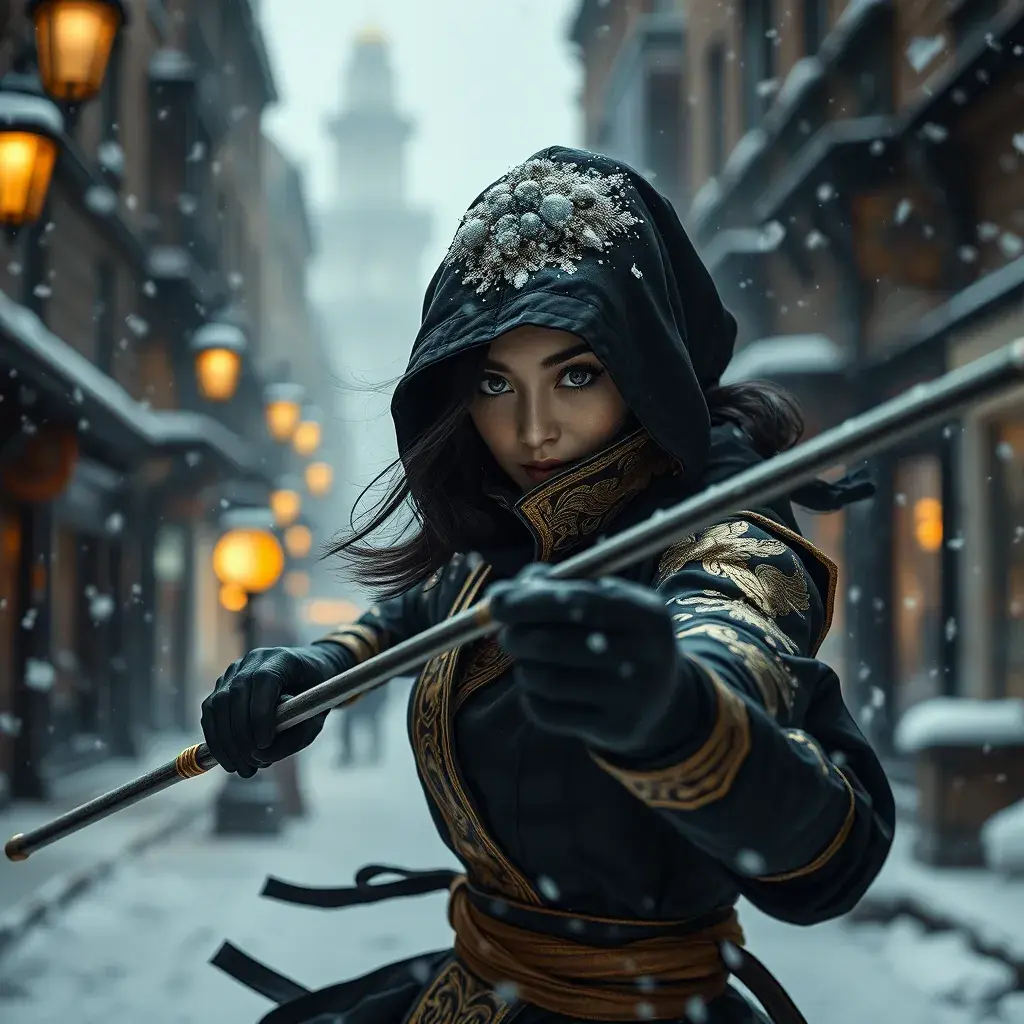 A mysterious beautiful kunoichi ninja in black and gold with eyeliner in the streets of a dark snowy town in moscow, fluid motion, Intricate, Half Body, Realistic, Sharp Focus, Volumetric Lighting, Elegant