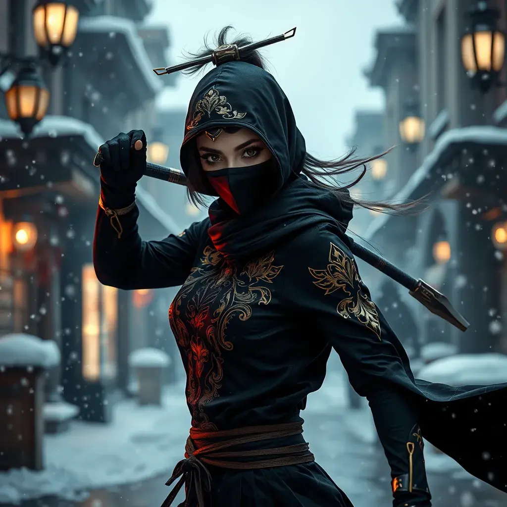 A mysterious beautiful kunoichi ninja in black and gold with eyeliner in the streets of a dark snowy town in moscow, fluid motion, Intricate, Half Body, Realistic, Sharp Focus, Volumetric Lighting, Elegant