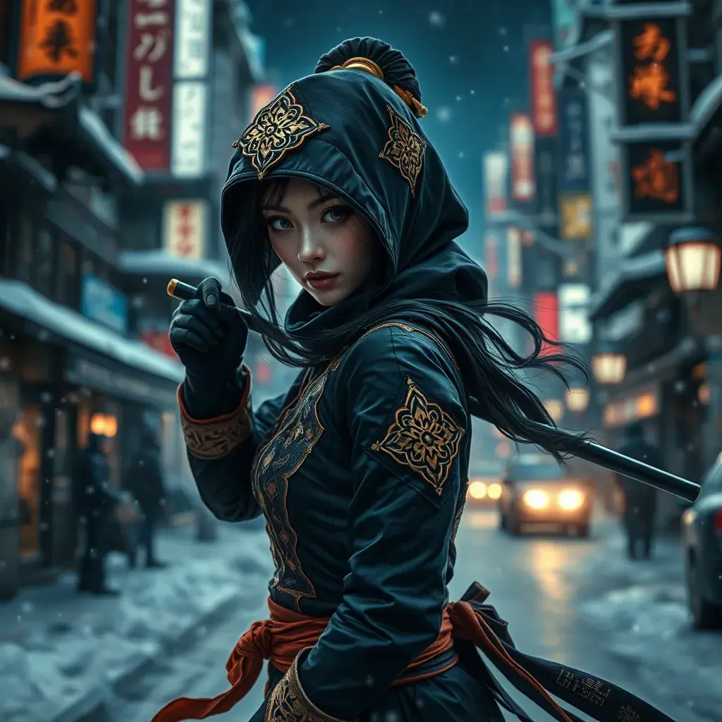 A mysterious beautiful black and gold kunoichi ninja wearing eyeliner and jewelery in the streets of a dark snowy town in tokyo, fluid motion, Intricate, Half Body, Realistic, Sharp Focus, Volumetric Lighting, Elegant