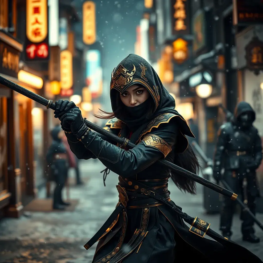 Mysterious beautiful armed kunoichi ninja wearing black and gold in the streets of dark snowy tokyo, Highly Detailed, Intricate, Half Body, Realistic, Sharp Focus, Volumetric Lighting, Fantasy, Elegant