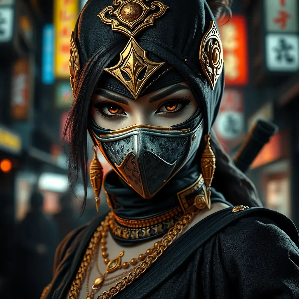 A mysterious beautiful masked kunoichi ninja wearing eyeliner and gold jewelry in the dark streets of tokyo, Highly Detailed, Intricate, Realistic, Sharp Focus, Volumetric Lighting, Fantasy, Elegant