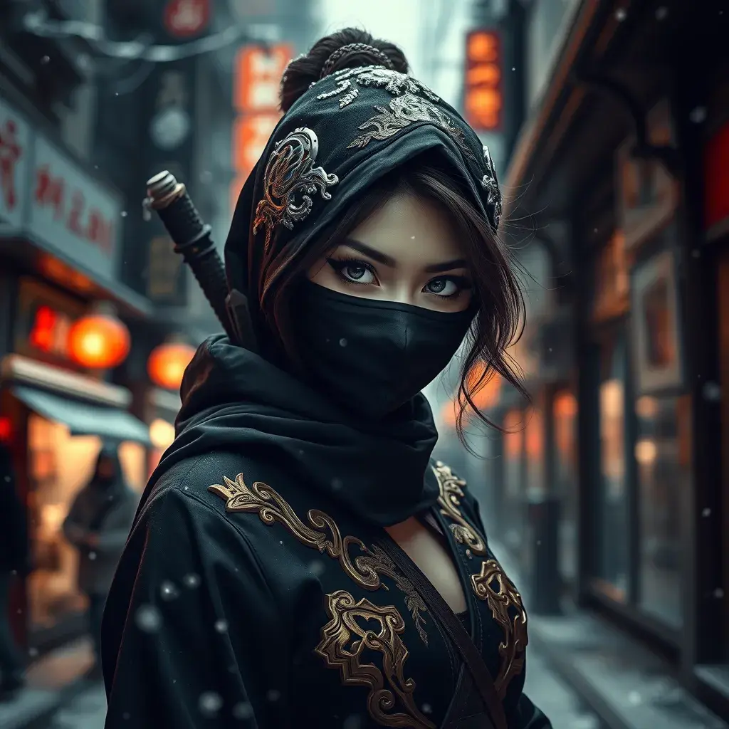 Matte portrait of a mysterious beautiful kunoichi ninja in black and gold wearing eyeliner in the streets of a dark snowy town in tokyo, fluid motion, Intricate, Half Body, Realistic, Sharp Focus, Volumetric Lighting, Elegant