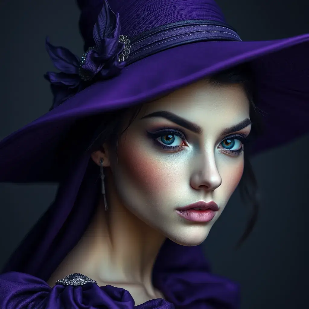 Matte portrait of a mysterious kiki the witch in purple, Intricate, Half Body, Sharp Focus, Elegant