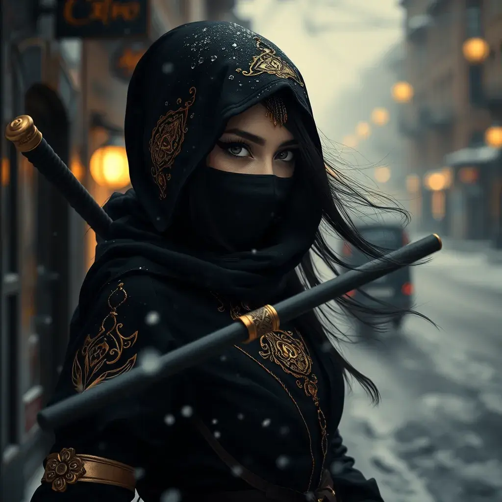 A mysterious beautiful black and gold kunoichi ninja wearing eyeliner and jewelery in the streets of a dark snowy town in moscow, fluid motion, Intricate, Half Body, Realistic, Sharp Focus, Volumetric Lighting, Elegant