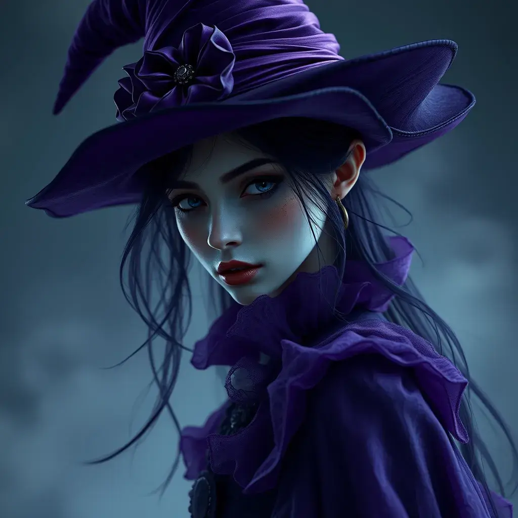 Matte portrait of a mysterious kiki the witch in purple, Intricate, Half Body, Realistic, Sharp Focus, Volumetric Lighting, Elegant by Stefan Kostic