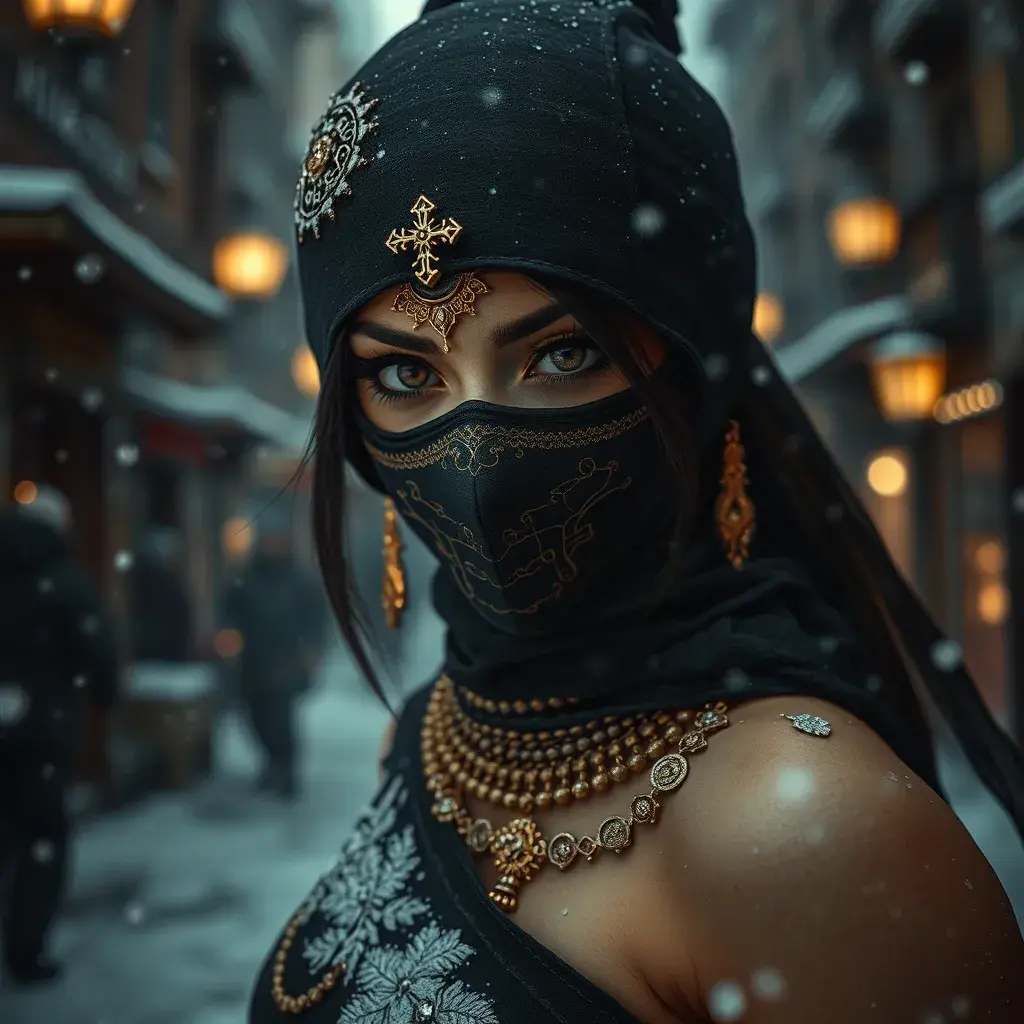 A mysterious beautiful masked kunoichi ninja wearing eyeliner and gold jewelry in the streets of a dark snowy town in moscow, fluid motion, Highly Detailed, Intricate, Realistic, Sharp Focus, Volumetric Lighting, Fantasy, Elegant