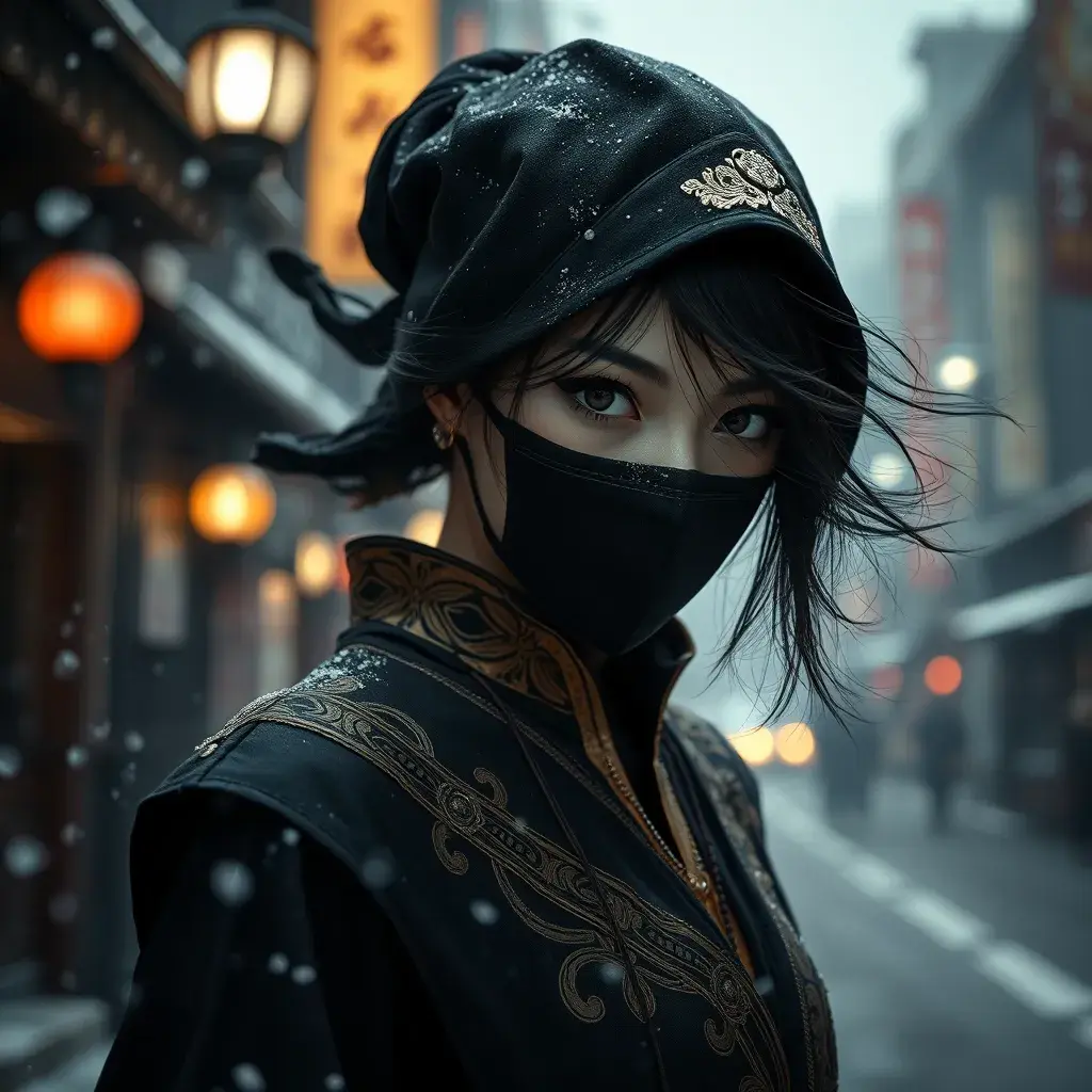 Matte portrait of a mysterious beautiful kunoichi ninja in black and gold wearing eyeliner in the streets of a dark snowy town in tokyo, fluid motion, Intricate, Half Body, Realistic, Sharp Focus, Volumetric Lighting, Elegant by Stefan Kostic