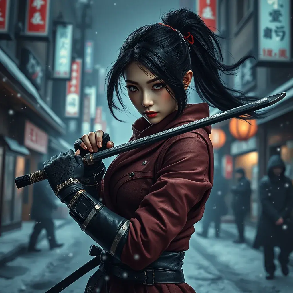 A mysterious beautiful armed kunoichi ninja wearing eyeliner in the streets of a dark snowy town in tokyo, fluid motion, Intricate, Half Body, Realistic, Sharp Focus, Volumetric Lighting, Elegant