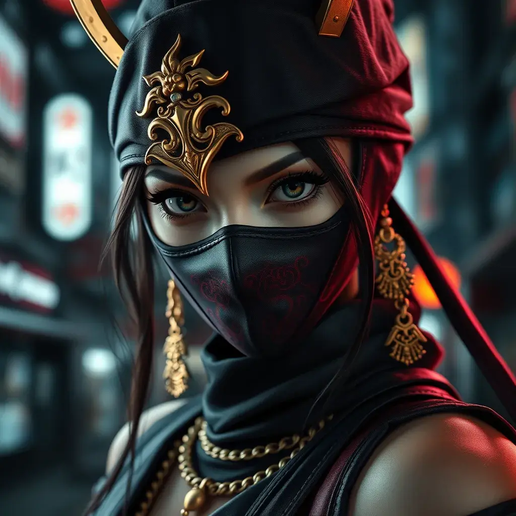 A mysterious beautiful masked kunoichi ninja wearing eyeliner and gold jewelry in the dark streets of tokyo, Highly Detailed, Intricate, Realistic, Sharp Focus, Volumetric Lighting, Fantasy, Elegant