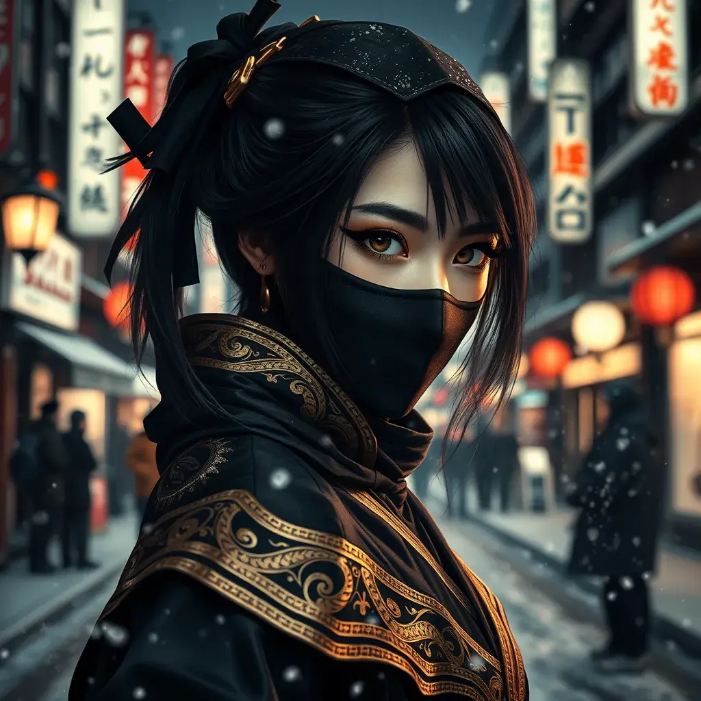 Matte portrait of a mysterious beautiful kunoichi ninja in black and gold wearing eyeliner in the streets of a dark snowy town in tokyo, fluid motion, Intricate, Half Body, Realistic, Sharp Focus, Volumetric Lighting, Elegant