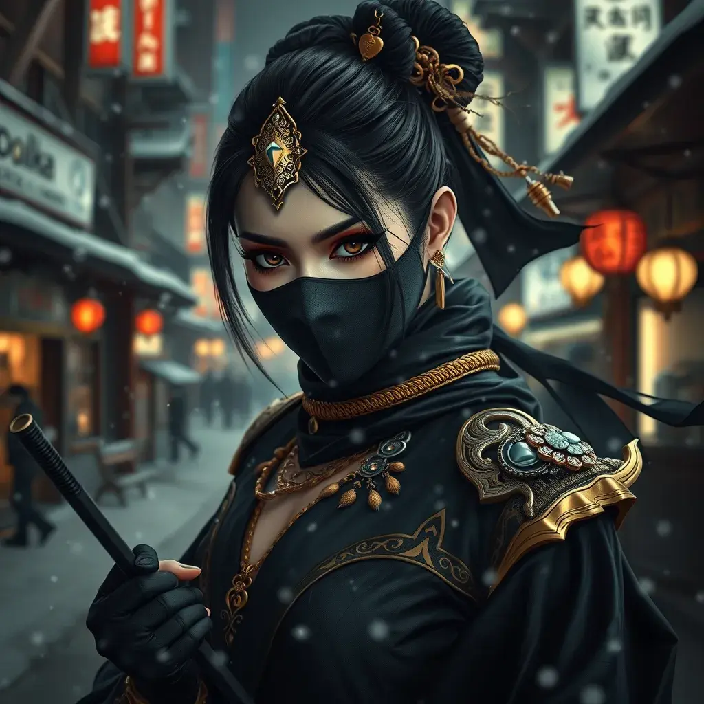 A mysterious beautiful black and gold kunoichi ninja wearing eyeliner and jewelery in the streets of a dark snowy town in tokyo, fluid motion, Intricate, Half Body, Realistic, Sharp Focus, Volumetric Lighting, Elegant