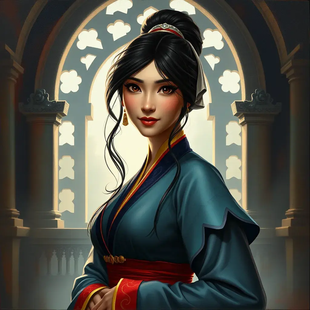 Matte portrait of Disney's Mulan inside a castle, Ultra Detailed, Half Body, Beautiful, Matte Painting, Sharp Focus, Portrait, Fantasy by Stanley Artgerm Lau