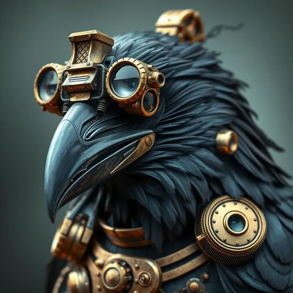 Steampunk portrait of a Crow, inspired by future technology, Highly Detailed, Steampunk