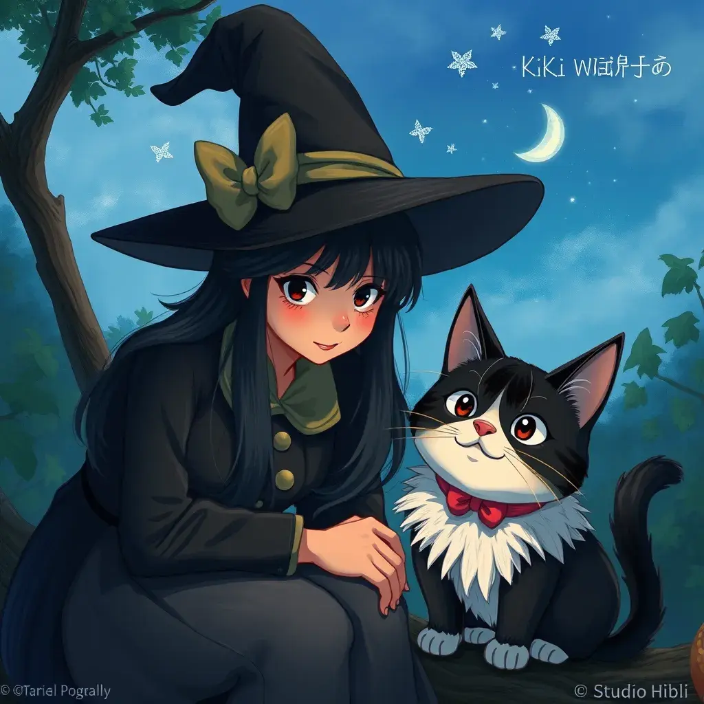 Kiki the witch and Jiji the cat, Highly Detailed, Beautiful, Digital Painting, Anime, Fantasy by Studio Ghibli