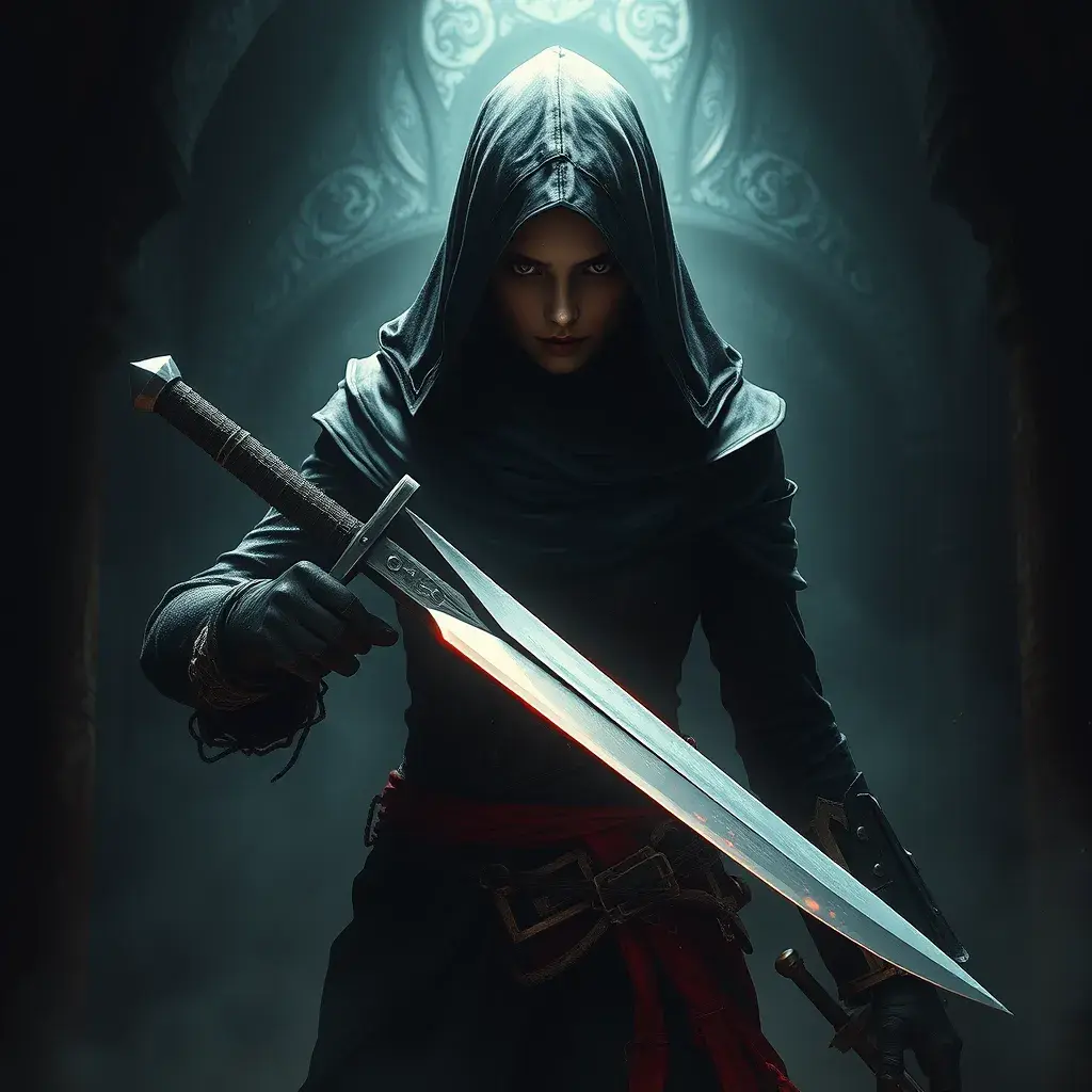 Full body matte portrait of a veiled female Assassin with daggers in a dungeon, Highly Detailed, Gothic and Fantasy, Volumetric Lighting, Fantasy, Threatening by Greg Rutkowski
