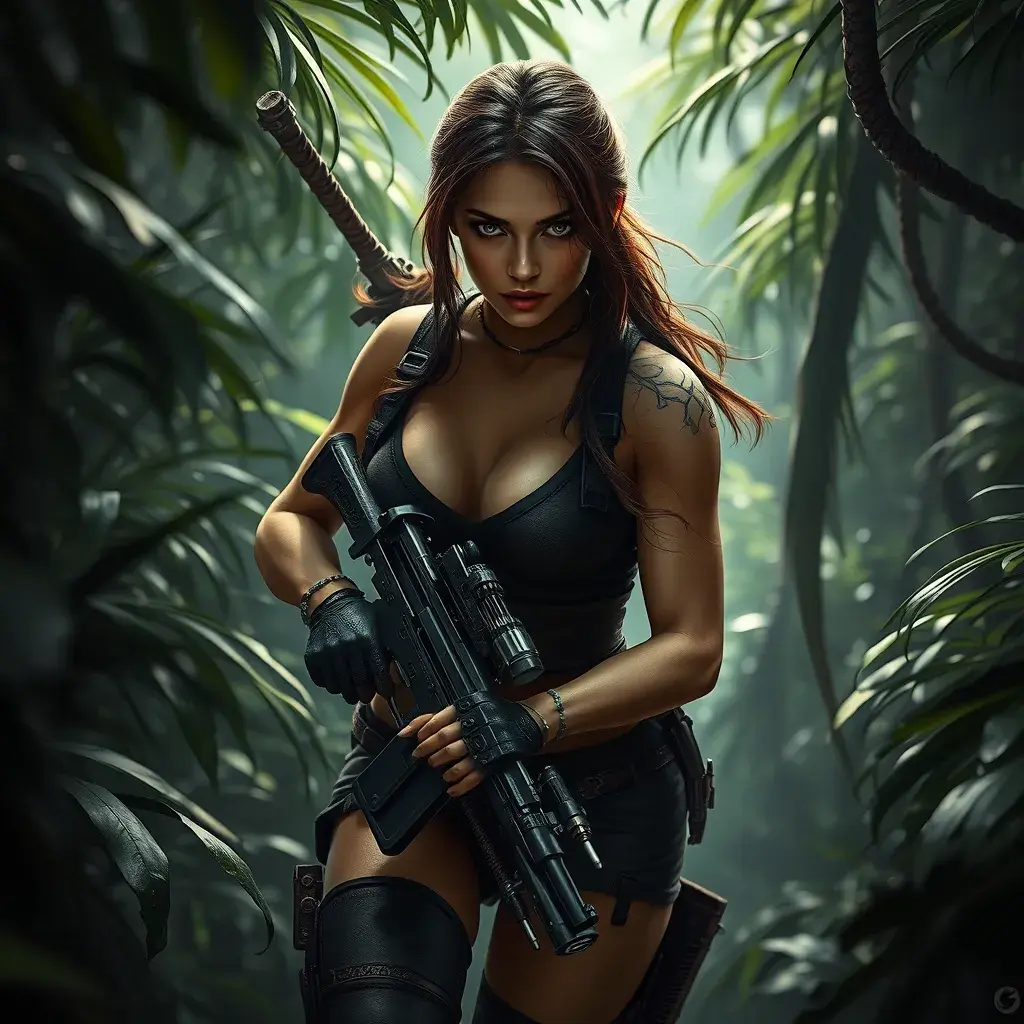 Full body portrait of a beautiful armed Lara Croft emerging from the jungle, Highly Detailed, Intricate, Sharp Focus, Volumetric Lighting, Fantasy, Elegant, Threatening by Greg Rutkowski