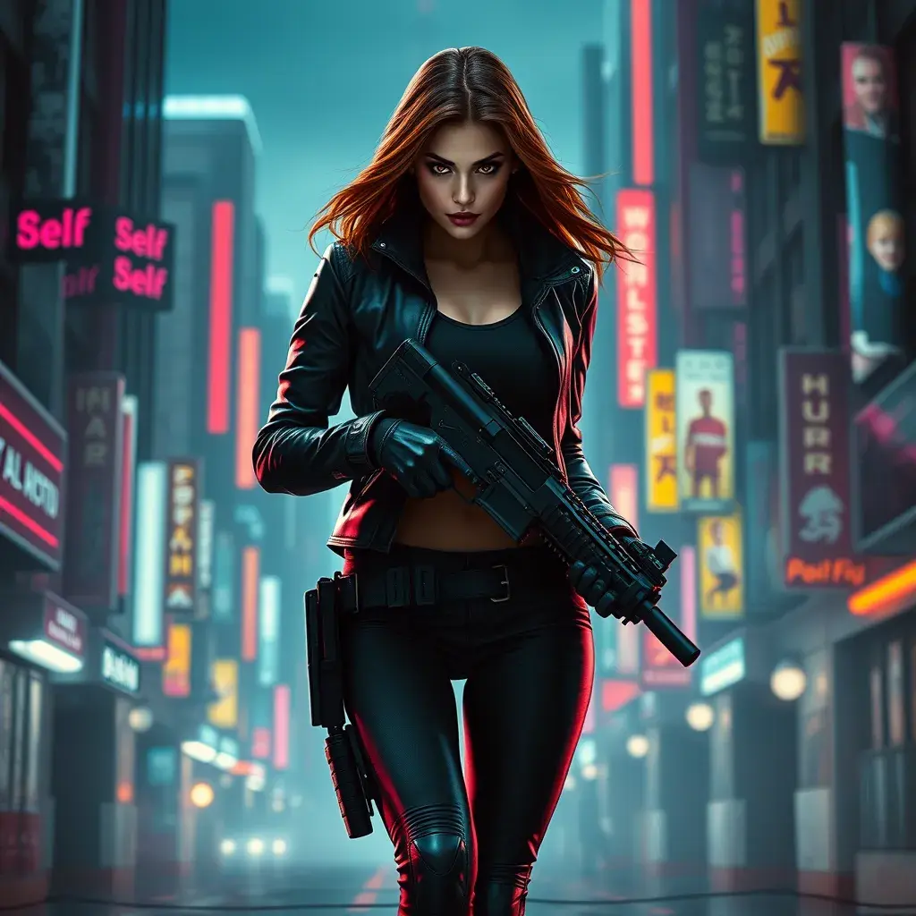 full body shot, armed beautiful woman walking with detailed eyes, dynamic pose, athletic , Cybernatic and Sci-Fi, Cyberpunk, Cityscape, Blade Runner 2049, Neon light effect, Neon, Futurism, Threatening by Stefan Kostic