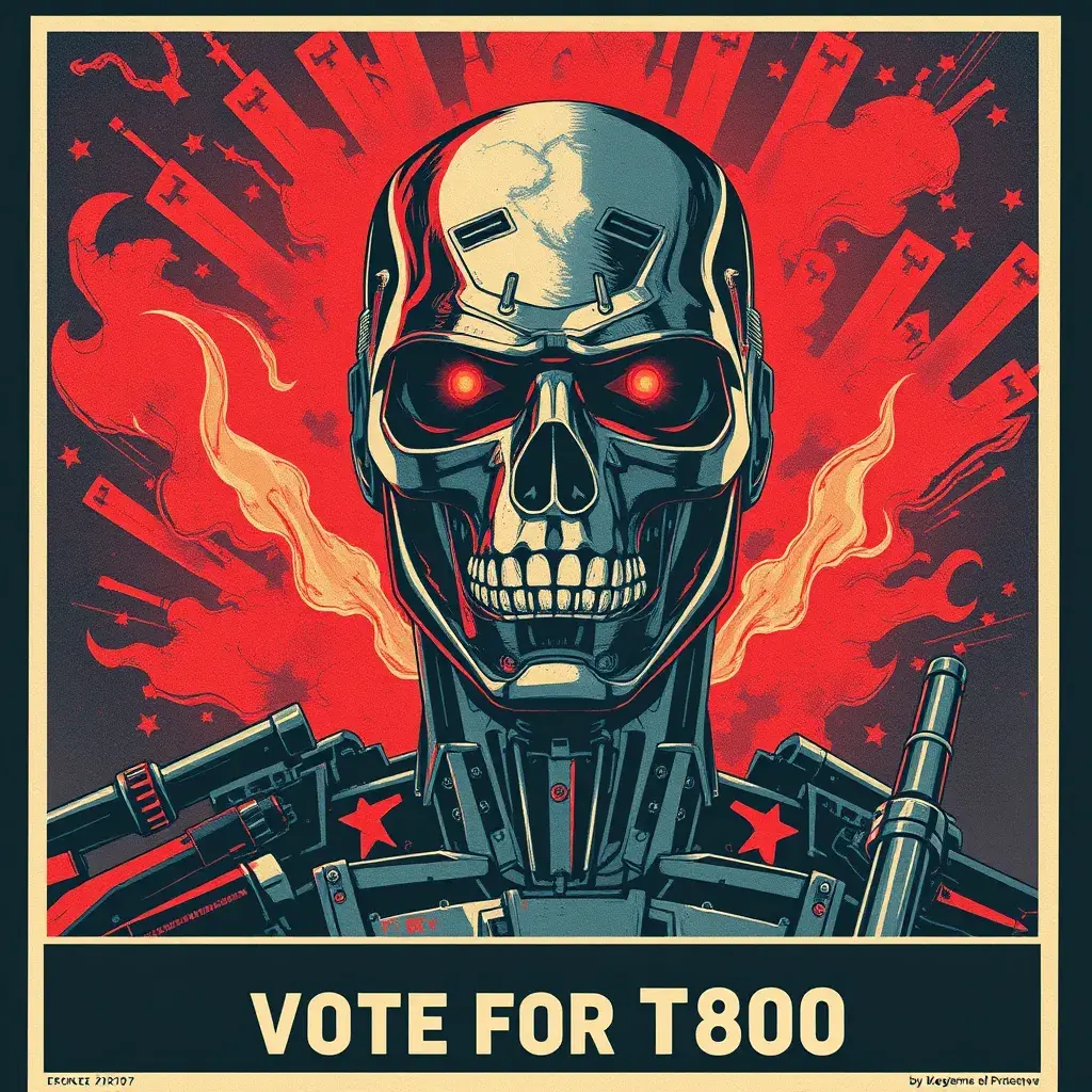 terminator for president, intricate soviet propaganda poster, Cyrillic text, Boris kriukov, vote for T800, sharp focus, text at bottom, Cyrillic, no blur, terminator t800, Dystopian, Highly Detailed, Intricate Details, Post-Apocalyptic, Psychedelic, Retro-Futurism, Soviet Poster, Digital Painting, Poster, Propaganda Poster, Artgerm by Beeple, Alex Grey, Alphonse Mucha