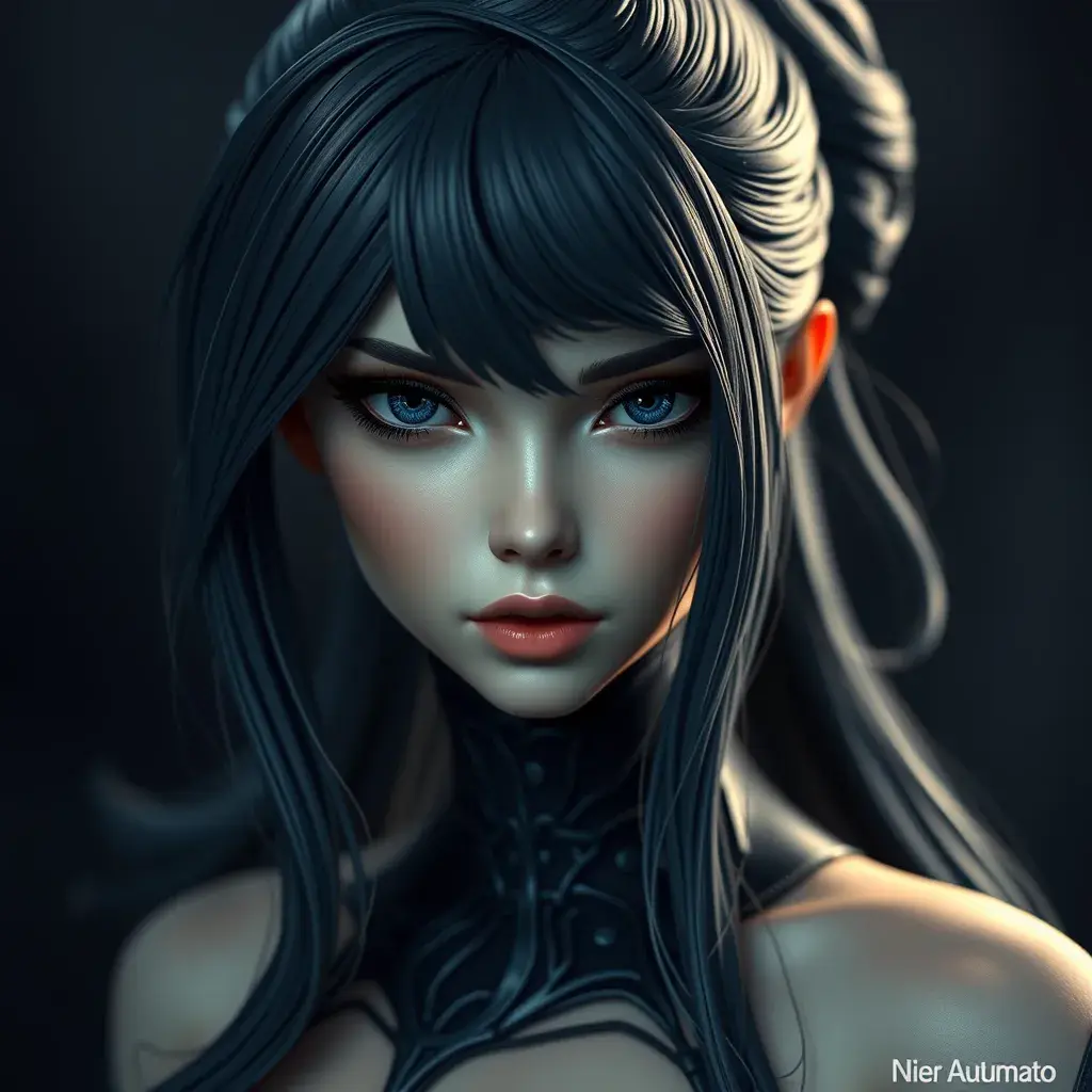 Matte portrait of the beautiful A2 from Nier Automata in dark blue, Highly Detailed, Intricate, Realistic, Sharp Focus, Volumetric Lighting, Fantasy, Elegant