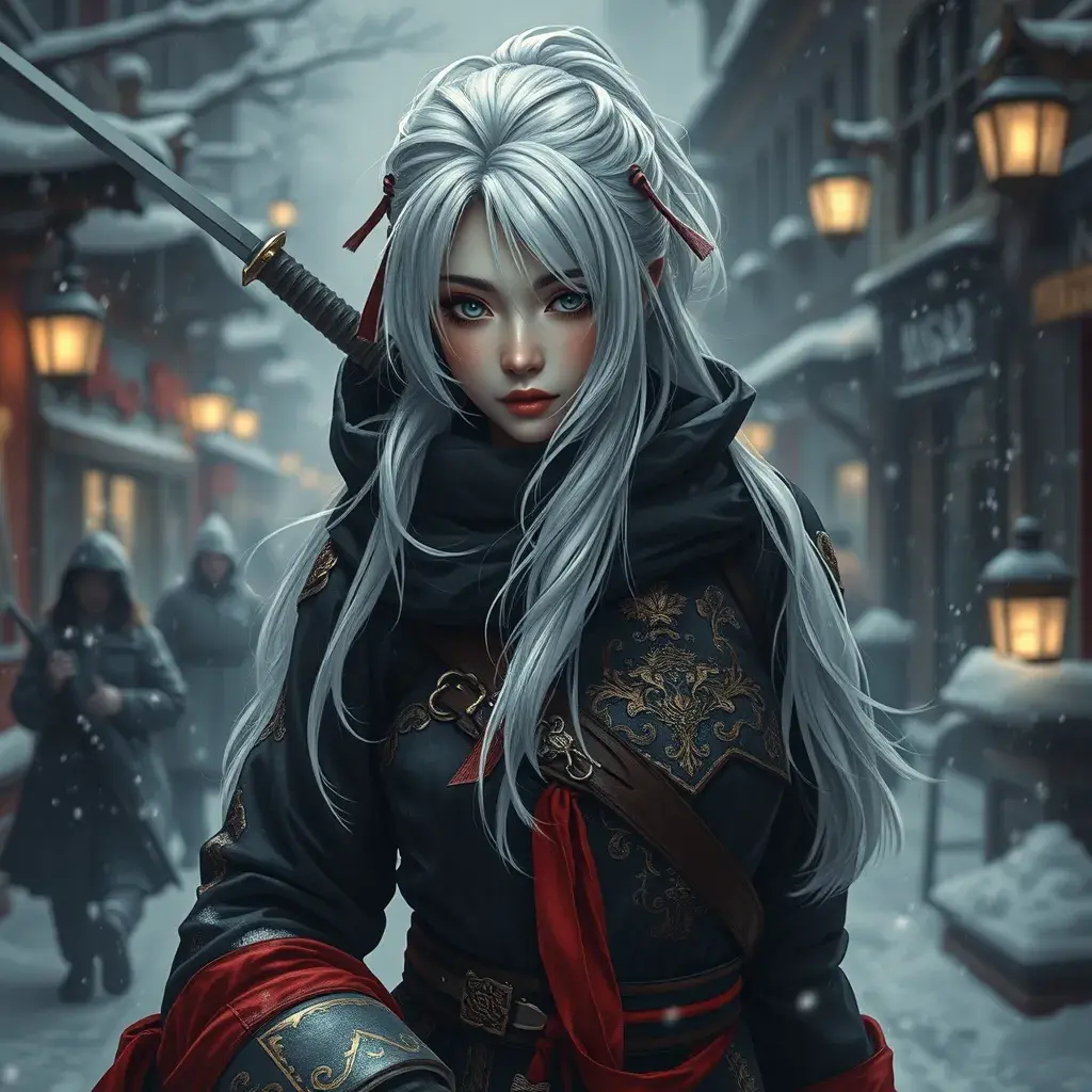 Mysterious beautiful white kunoichi ninja wearing black, red and gold in the streets of a dark snowy town in russia, 8k, Intricate Details, Trending on Artstation, White Hair by Stefan Kostic