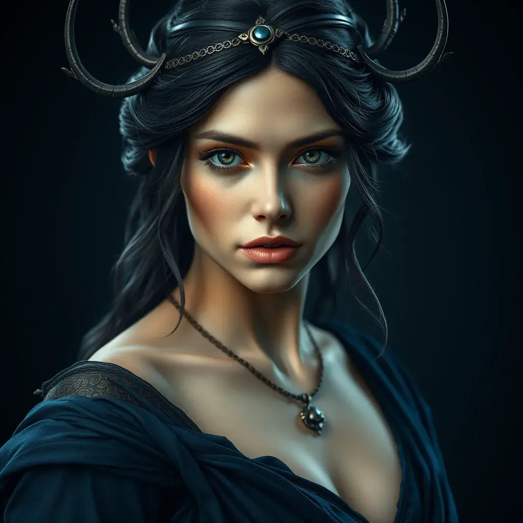 Matte portrait of the beautiful Artemis in dark blue, Highly Detailed, Intricate, Realistic, Sharp Focus, Volumetric Lighting, Fantasy, Elegant by Stefan Kostic