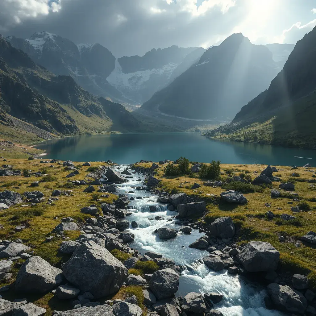 Lake in mountains streams and rivers flow down slopes of mountains and rocks into the valley spring in mountains, 8k, Award-Winning, Highly Detailed, Beautiful, Octane Render, Unreal Engine, Radiant, Volumetric Lighting by Greg Rutkowski