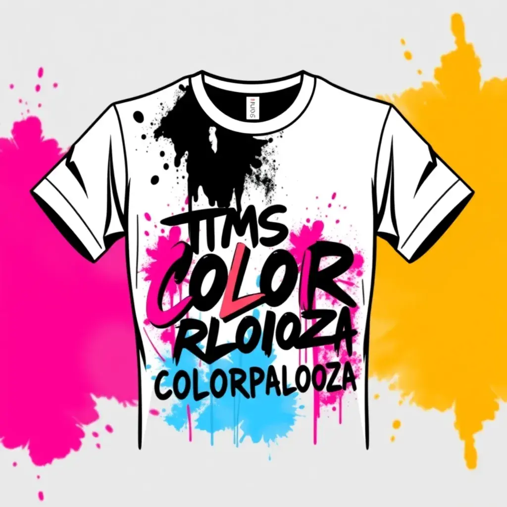 poster graphic for a color run event. On a white t-shirt, with black, pink, blue, orange and purple colors. Text on the shirt should say TMS on top and COLORPALOOZA underneath it. Graffiti feel in a vector style, Poster