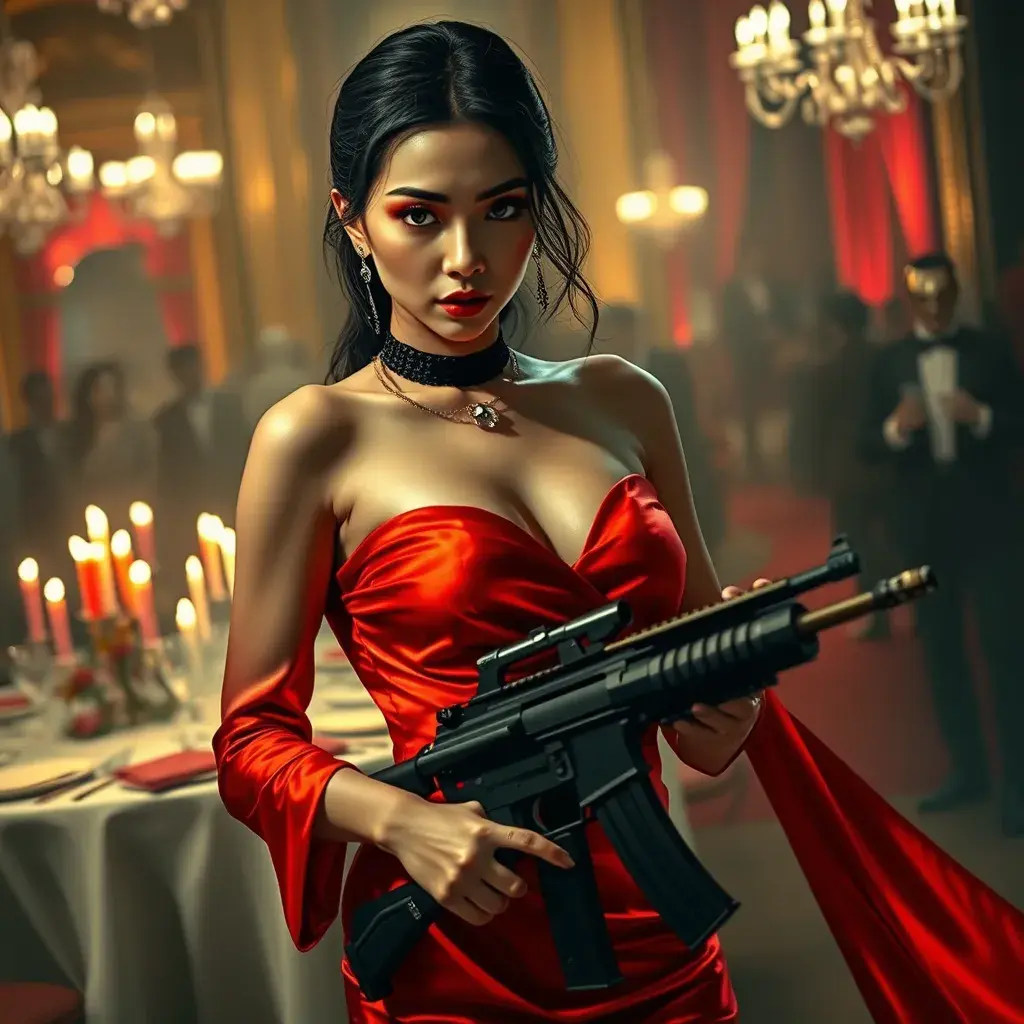 A dangerously armed asian feme fatale in silk red dress at a masquerade ball, Cybernatic and Sci-Fi, Cyberpunk, Sci-Fi by Stefan Kostic