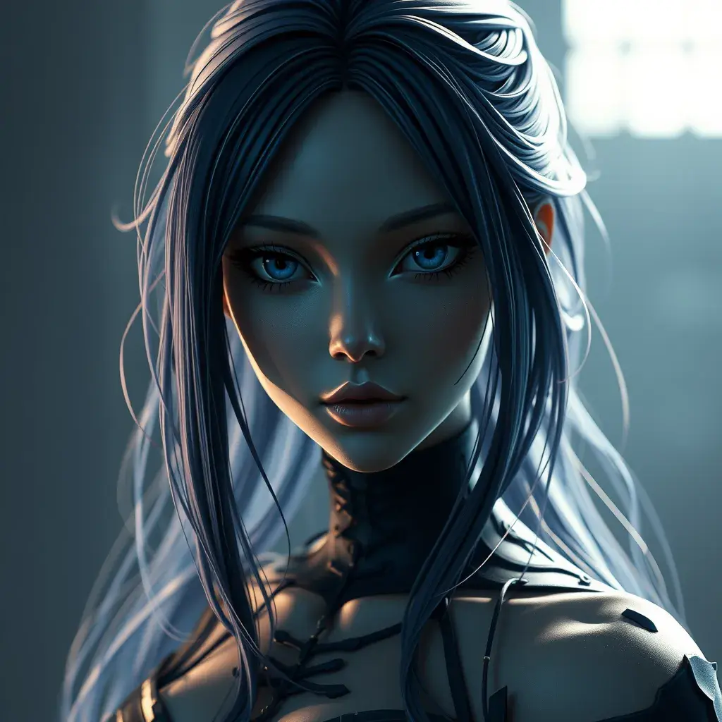Matte portrait of the beautiful A2 from Nier Automata in dark blue, Highly Detailed, Intricate, Realistic, Sharp Focus, Volumetric Lighting, Fantasy, Elegant