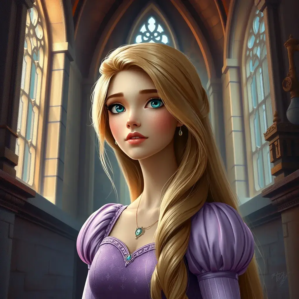 Matte portrait of Disney's Rapunzel inside a castle, Ultra Detailed, Half Body, Beautiful, Matte Painting, Sharp Focus, Portrait, Fantasy by Stanley Artgerm Lau