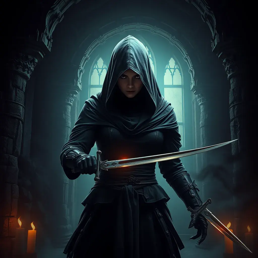 Full body matte portrait of a veiled female Assassin with daggers in a dungeon, Gothic and Fantasy, Volumetric Lighting, Fantasy, Threatening by Stanley Artgerm Lau