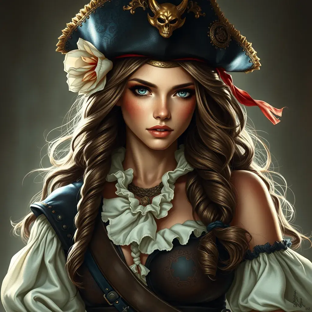 Portrait of a beautiful female Pirate, Highly Detailed, Intricate, Half Body, Realistic, Sharp Focus, Volumetric Lighting, Fantasy, Elegant by Alphonse Mucha