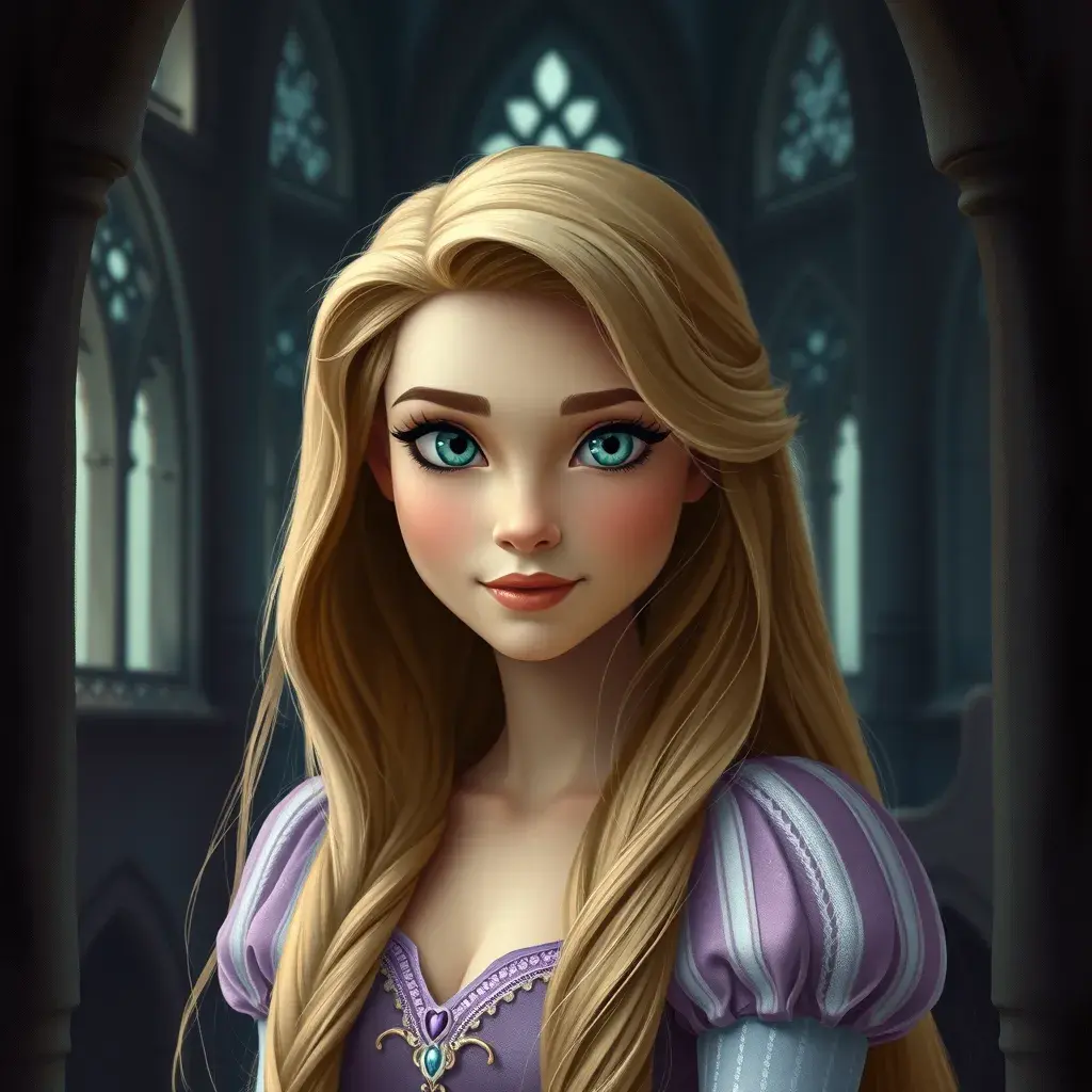 Matte portrait of Disney's Rapunzel inside a castle, Ultra Detailed, Half Body, Beautiful, Matte Painting, Sharp Focus, Portrait, Fantasy