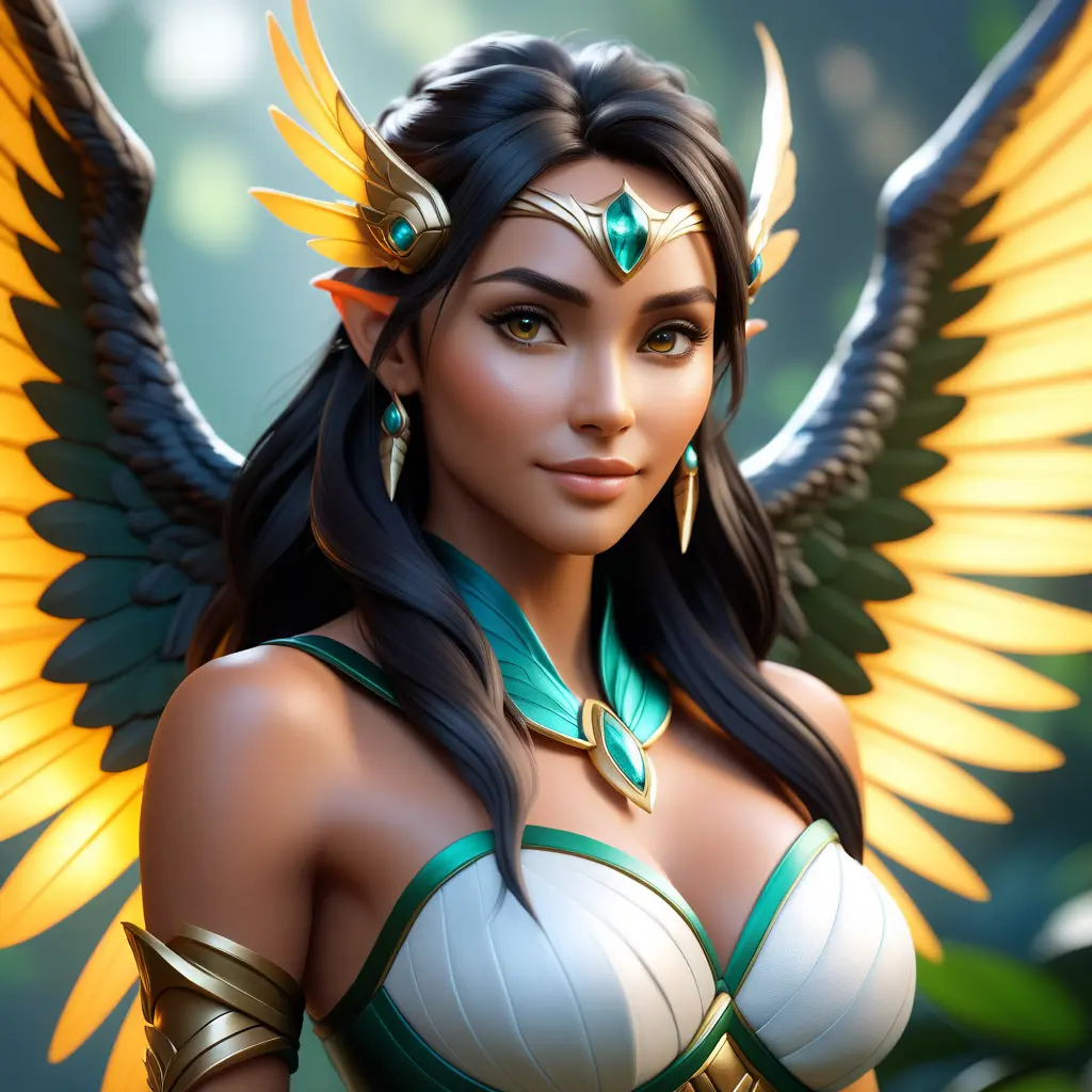 Alluring matte portrait of a beautiful Nidalee with wings, 8k, Highly Detailed, Intricate, Half Body, Realistic, Sharp Focus, Volumetric Lighting, Fantasy, Elegant by Stanley Artgerm Lau, WLOP