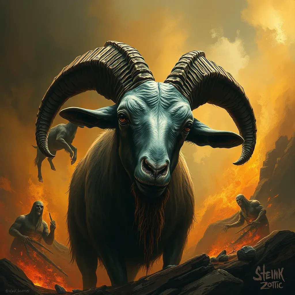 Cthulhu goat, Eldritch, Fantasy, Apocalyptic, Doom, Dreadful, Forbidding, Frightful, Harrowing, Ominous, Shocking, Terrifying, Threatening, Unnerving by Stefan Kostic