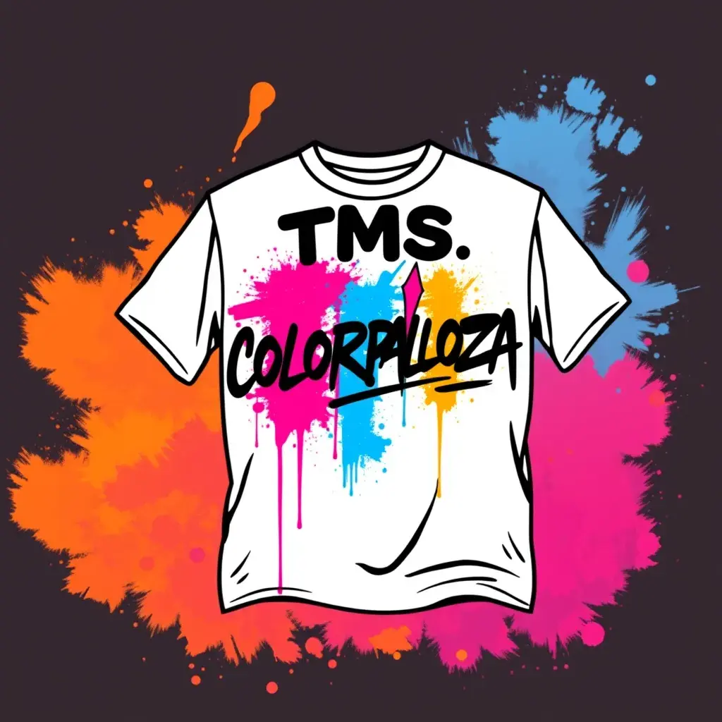 poster graphic for a color run event. On a white t-shirt, with black, pink, blue, orange and purple colors. Text on the shirt should say TMS on top and COLORPALOOZA underneath it. Graffiti feel in a vector style, Poster