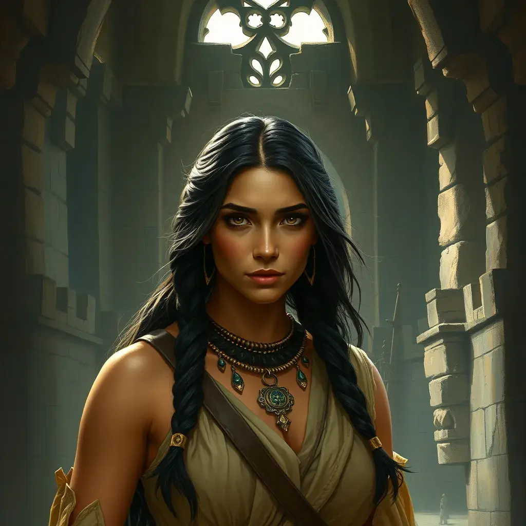 Matte portrait of Pocohontas inside a castle, Ultra Detailed, Half Body, Beautiful, Matte Painting, Sharp Focus, Portrait, Fantasy by Stefan Kostic