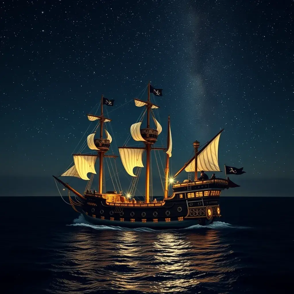 Pirate Ship in high seas on a dark starry night, Intricate, Ultra Detailed, Symmetry, Beautiful, Sharp Focus, Astrophotography, Centered, Volumetric Lighting
