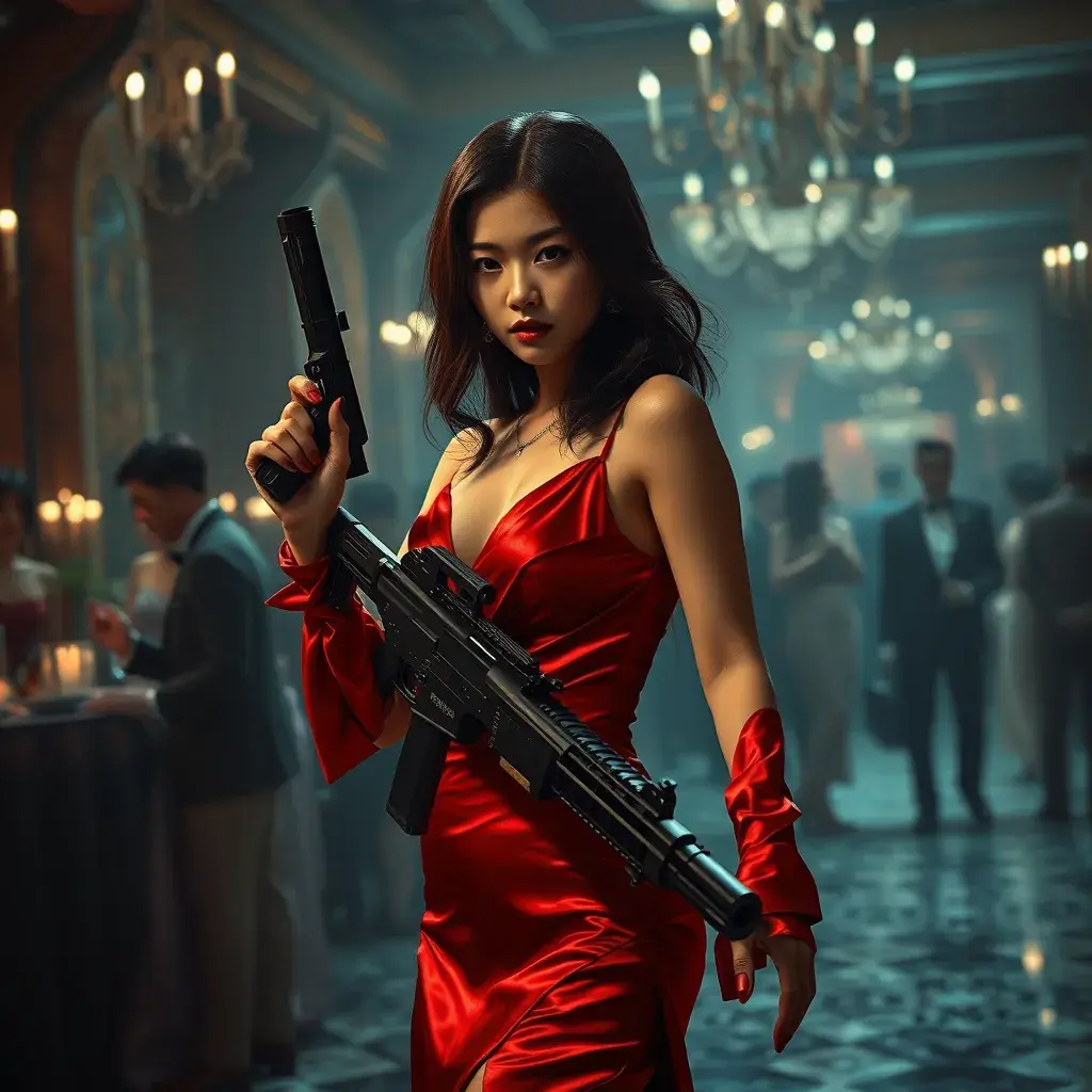 A dangerously armed asian feme fatale in silk red dress at a masquerade ball, Cybernatic and Sci-Fi, Cyberpunk, Sci-Fi by Stefan Kostic