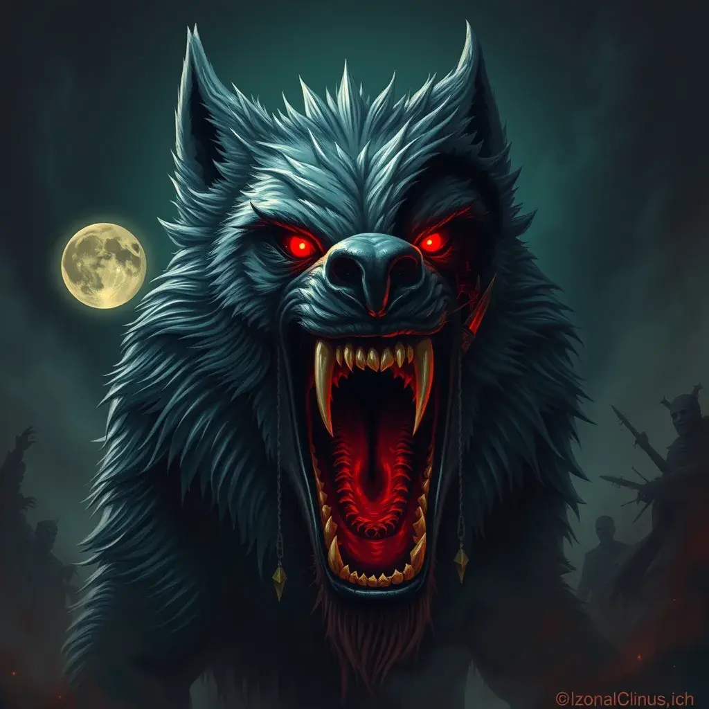 large evil wolf howling, red eyes, big teeth, Eldritch, Fantasy, Apocalyptic, Doom, Dreadful, Forbidding, Frightful, Harrowing, Ominous, Shocking, Terrifying, Threatening, Unnerving
